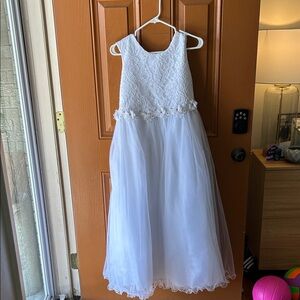 Kid's Dream White Lace & Tulle Formal Dress with Floral Waist